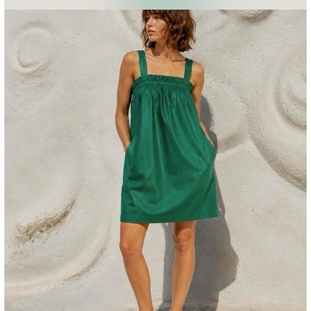 Everlane Green Cotton Square Neck Sleeveless Mini Sundress Pockets Size S